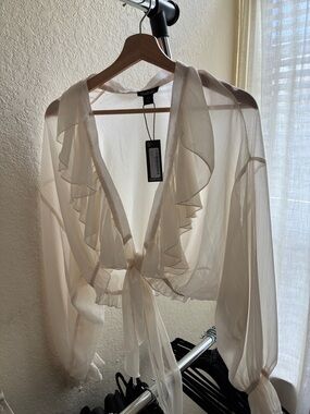 Boohoo Ivory Sheer Ruffle Tie-Front Blouse